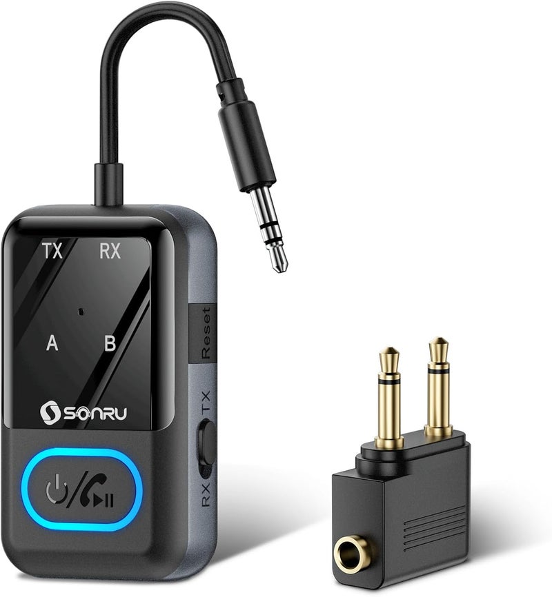 SONRU Bluetooth 5.3 Transmitter Adapter for Airplane 2-in-1 Wireless Bluetooth Audio Transmitter Receiver for 3.5mm Aux Jacks on Flight/TV/Gym Equipment, for up to 2 Wireless Headphones, Cell Phones - Image 1